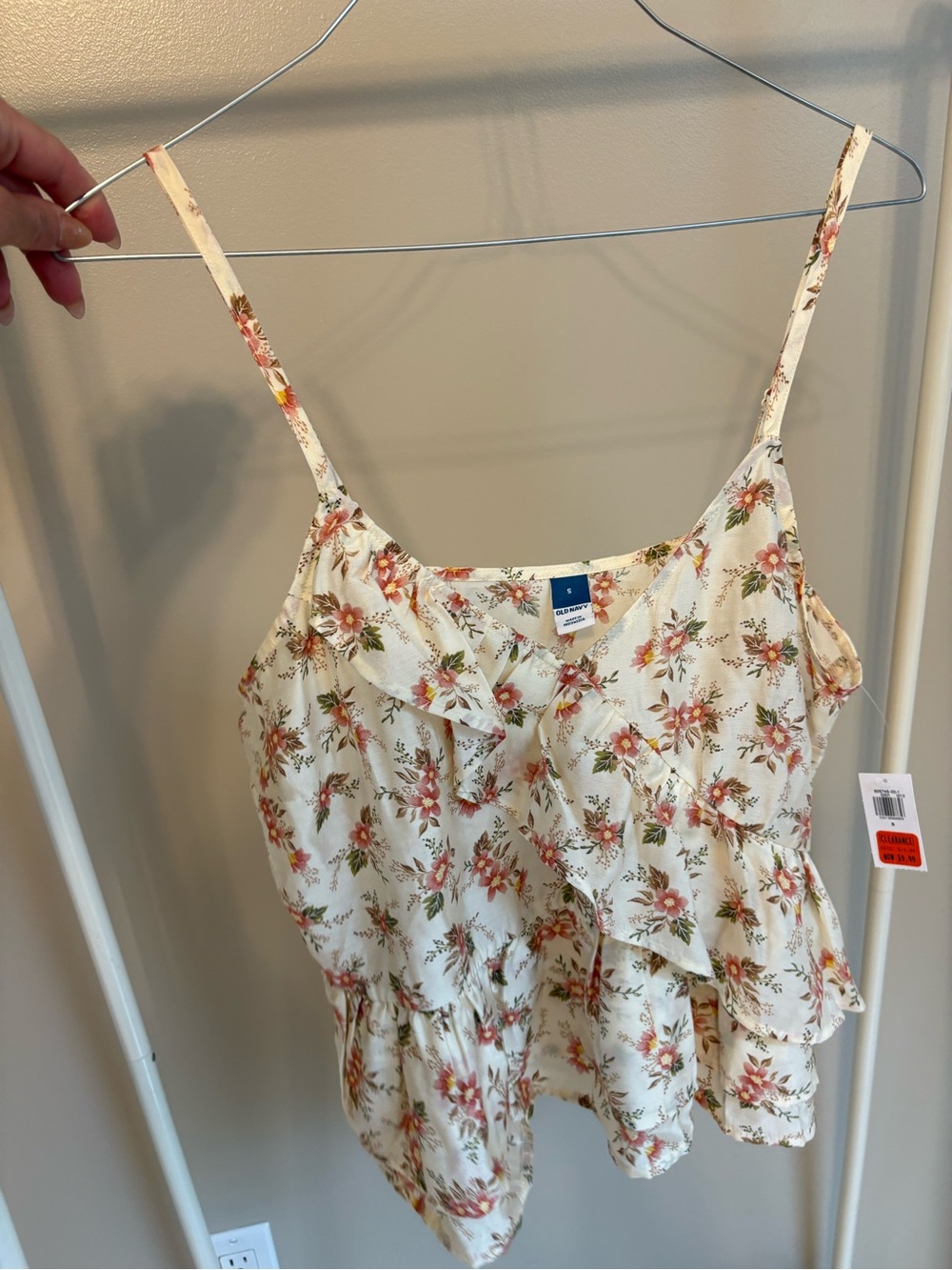 Old Navy Cream Floral Ruffle Tank Top with Pink Blossoms